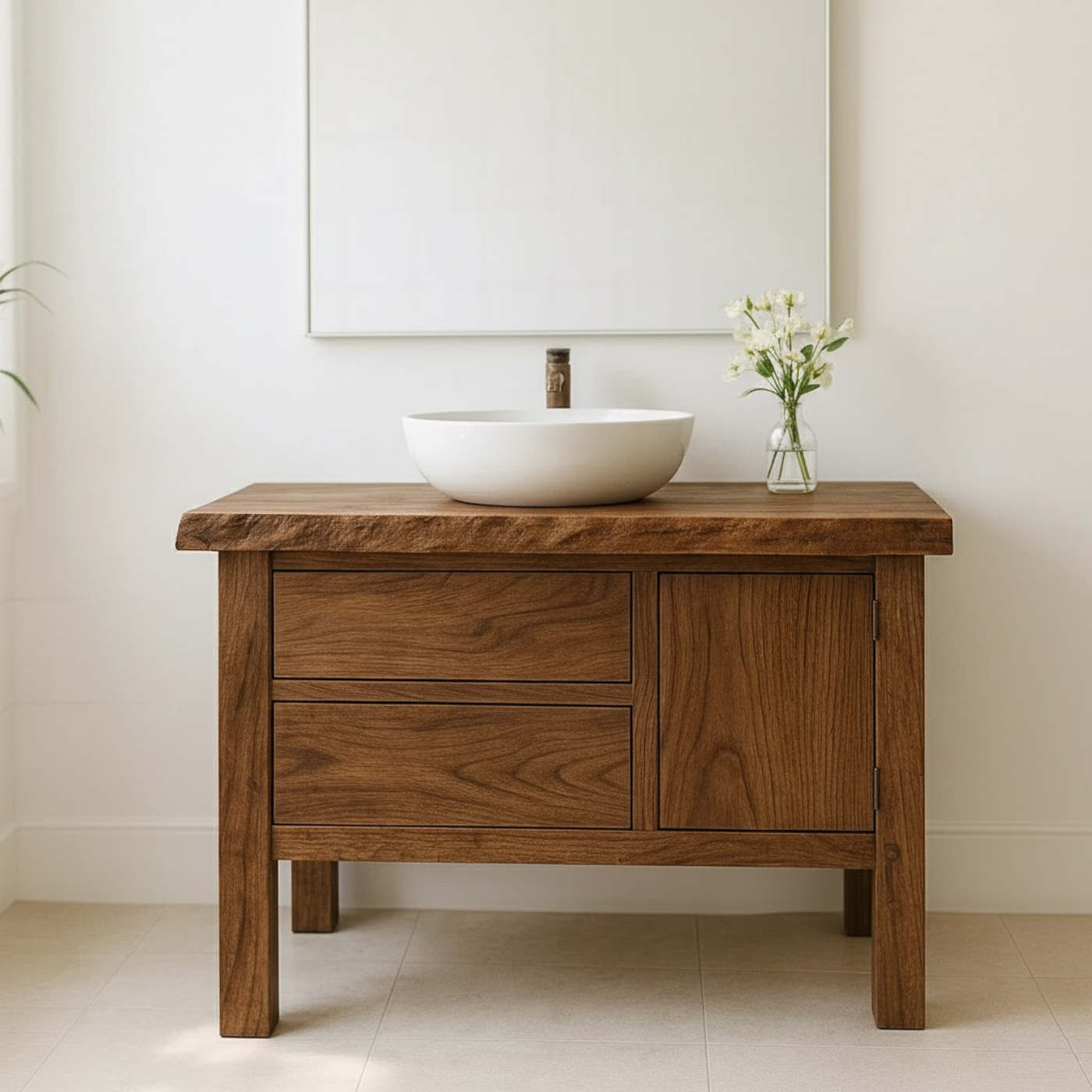 Handcrafted Solid Wood Bathroom Vanity - Live Edge Top, 2 Drawers & Single Door Cabinet Kitchnce