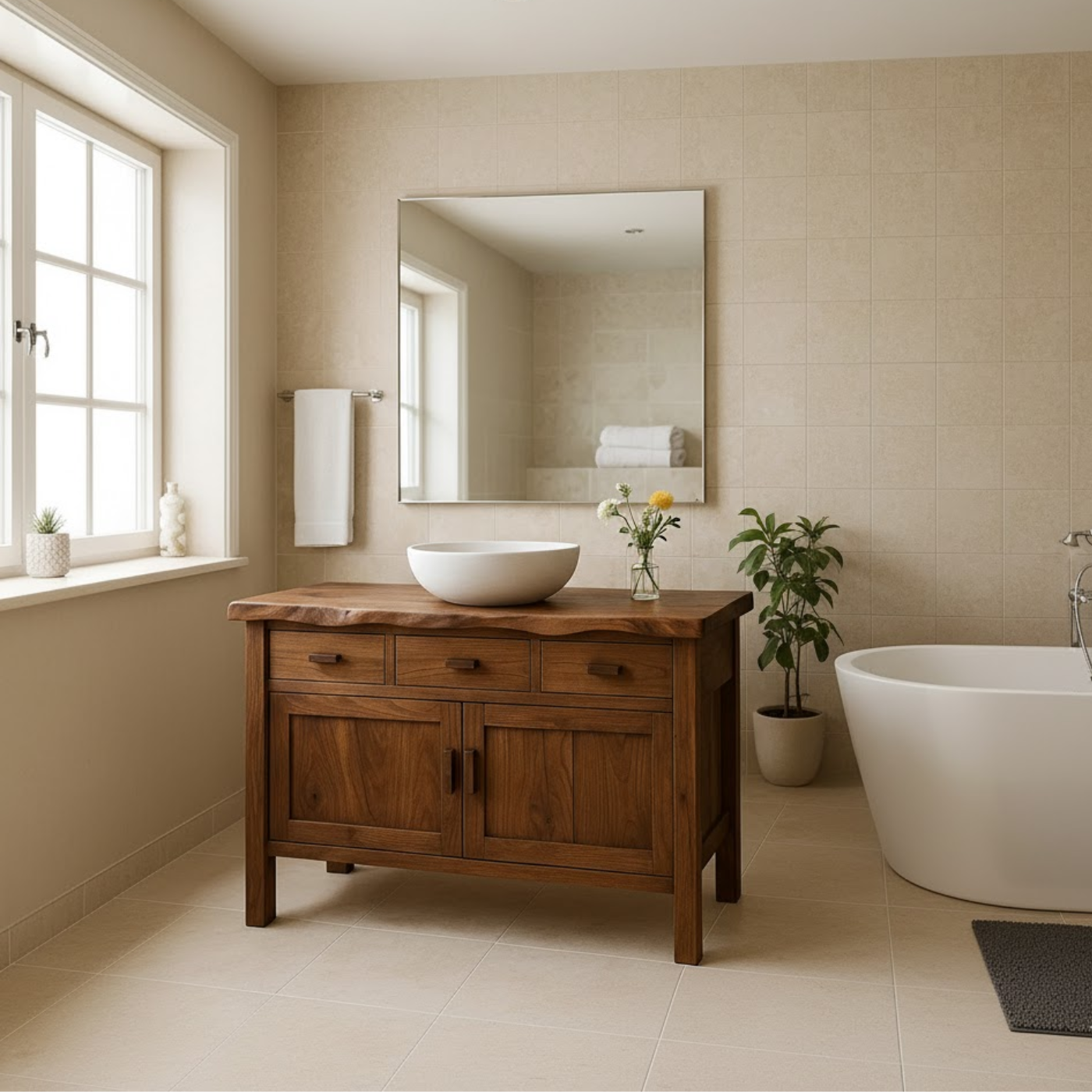 Handcrafted Solid Wood Bathroom Vanity - Live Edge Top, 3 Drawers & Double Door Cabinet Kitchnce
