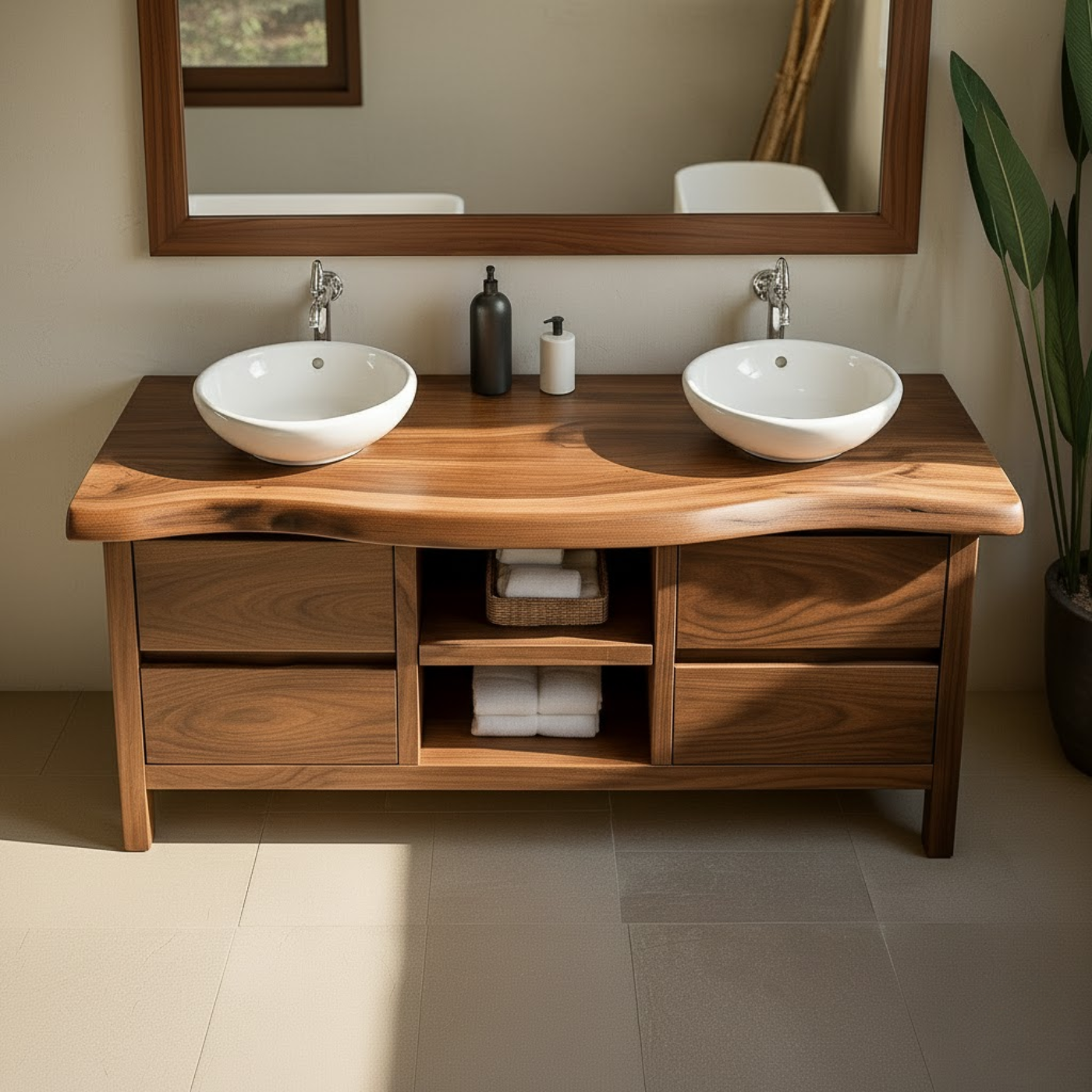 Handcrafted Solid Wood Bathroom Vanity - Live Edge Walnut, Drawers & Open Shelving Kitchnce