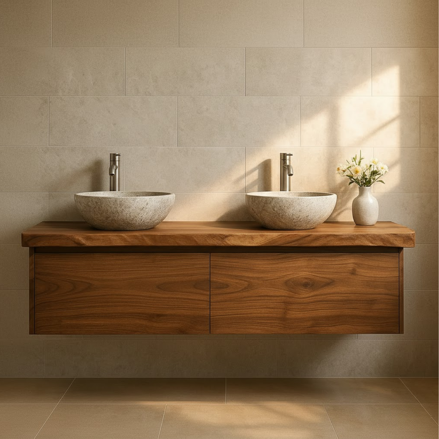 Handcrafted Solid Wood Floating Vanity - Double Sink Live Edge Walnut Console 2-Drawer Kitchnce