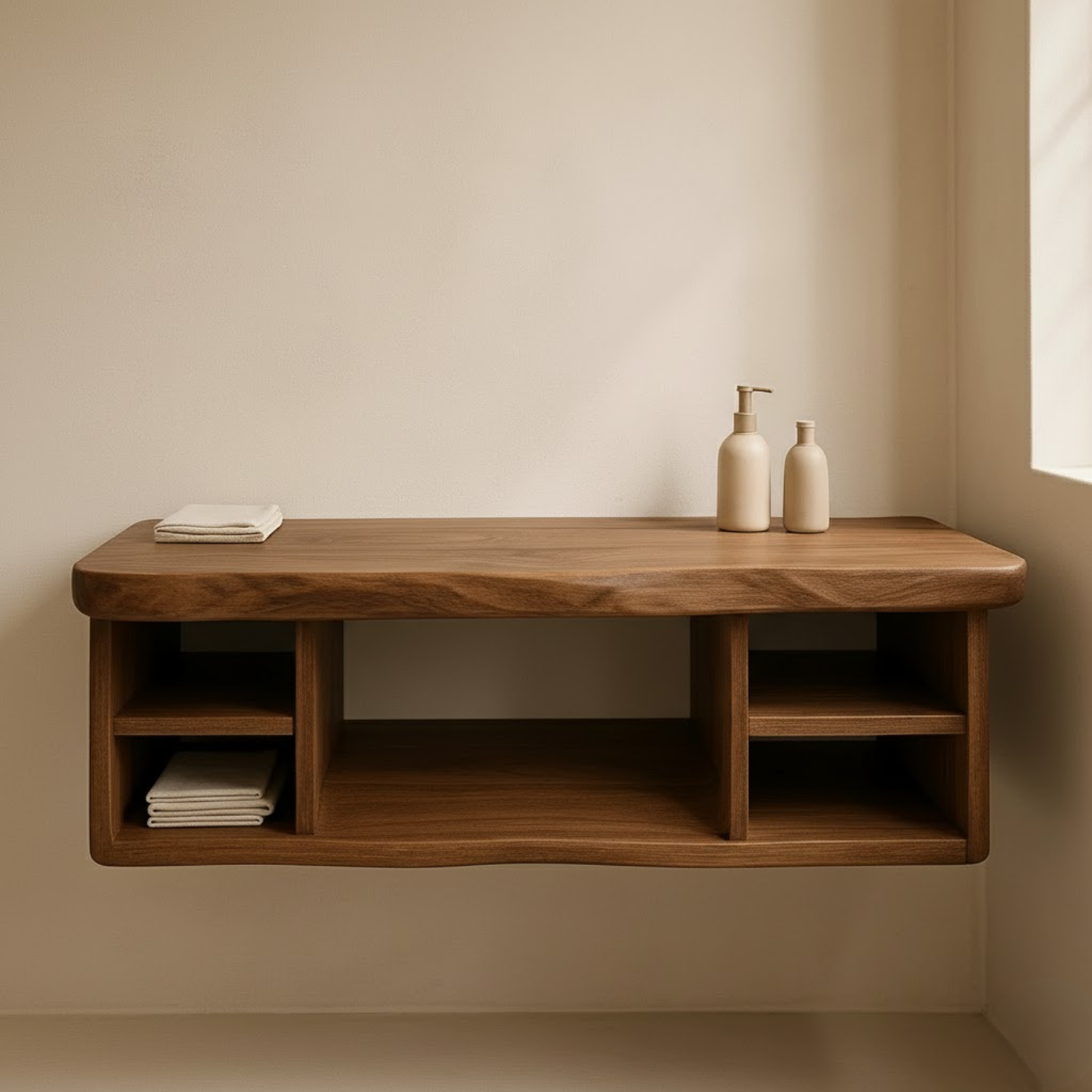 Handcrafted Solid Wood Floating Vanity - All Open Live Edge Console with Display Shelves Kitchnce