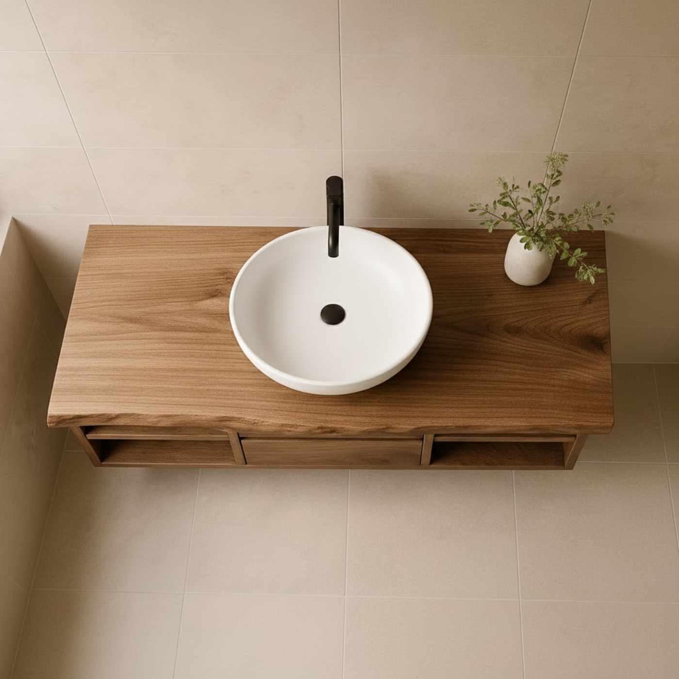 Handcrafted Solid Wood Floating Vanity - Live Edge Console with Central Drawers & Open Shelving Kitchnce