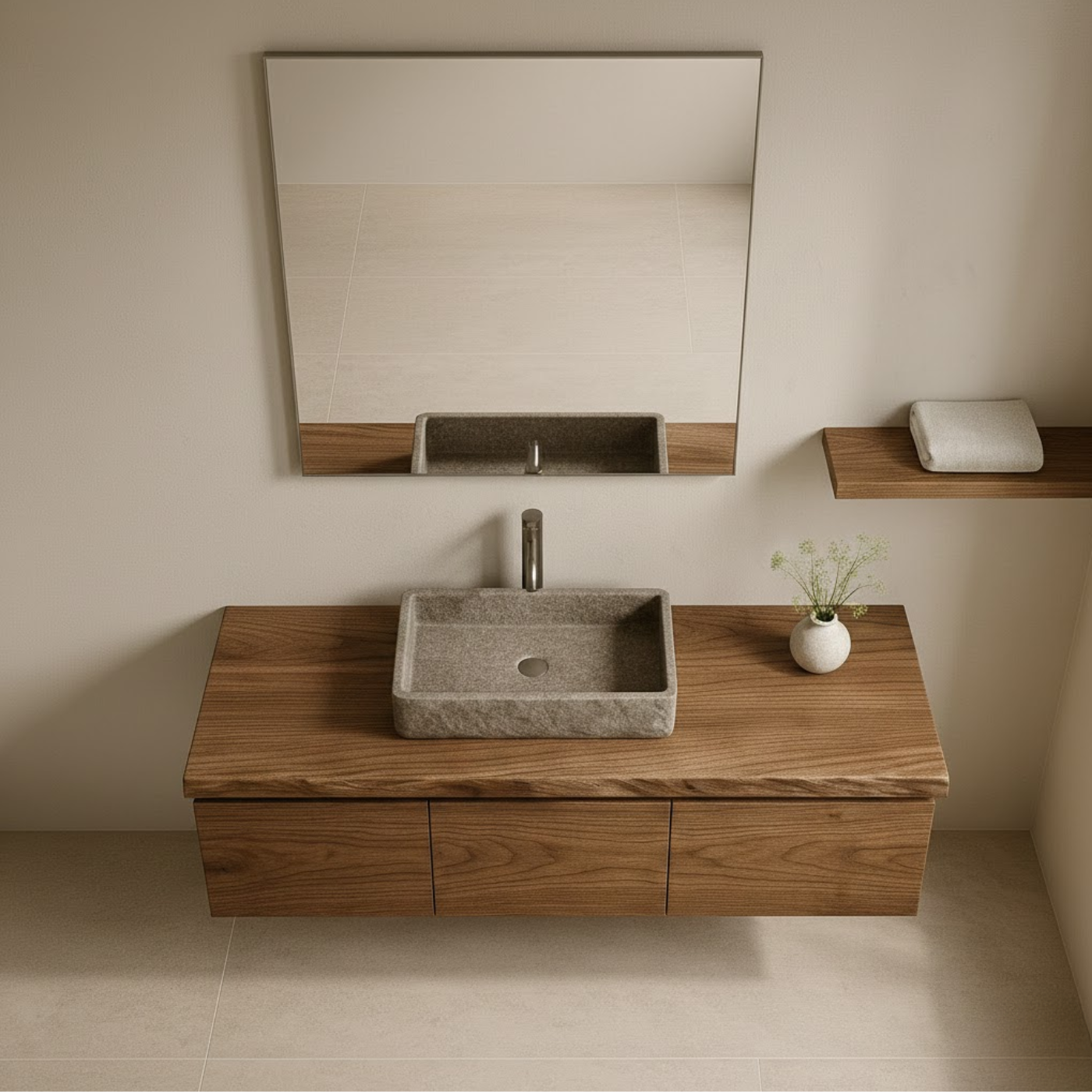 Handcrafted Solid Wood Floating Vanity - 3-Drawer Live Edge Walnut for Vessel Sink Kitchnce