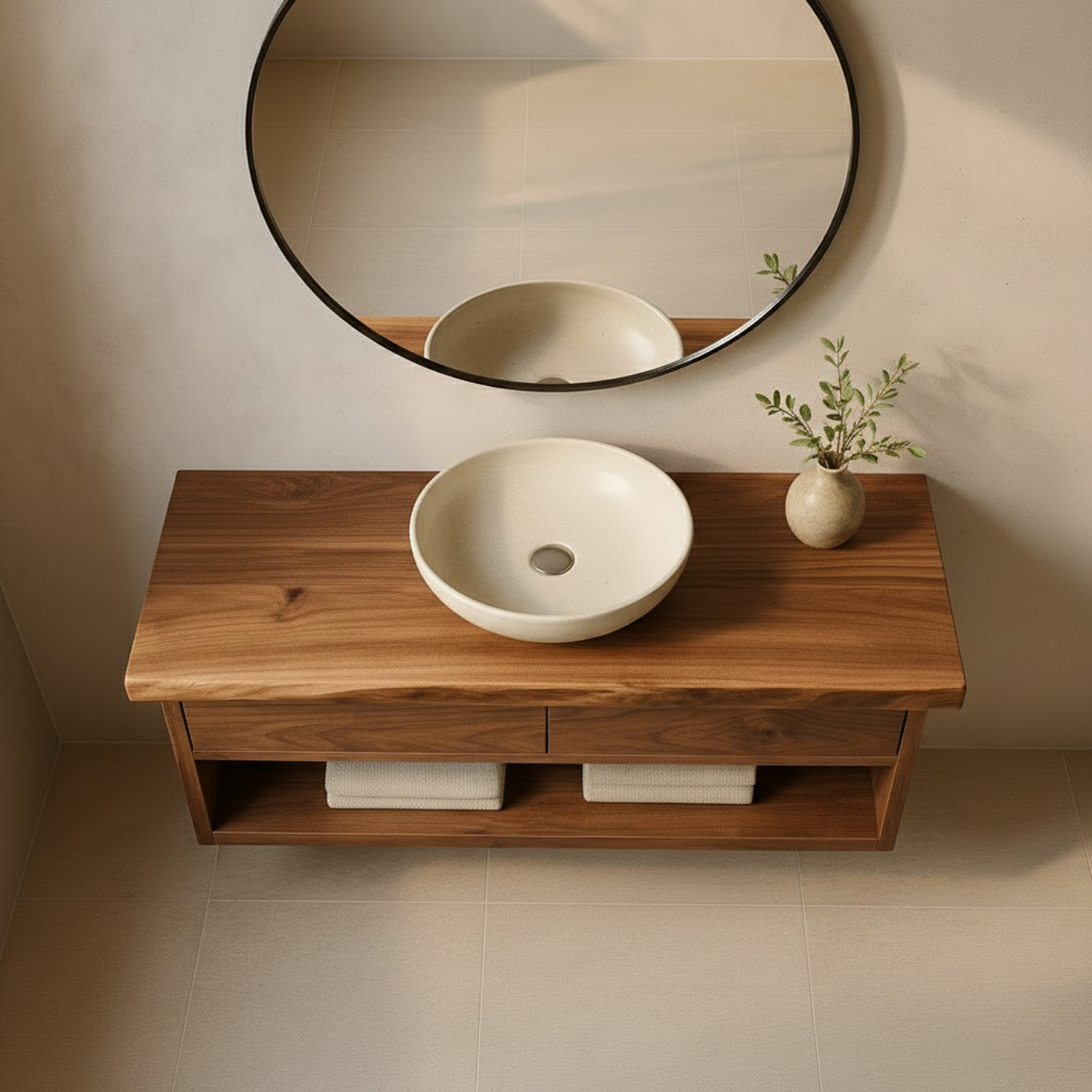 Handcrafted Solid Wood Floating Vanity - Live Edge Walnut with 2 Drawers & Open Shelf Kitchnce