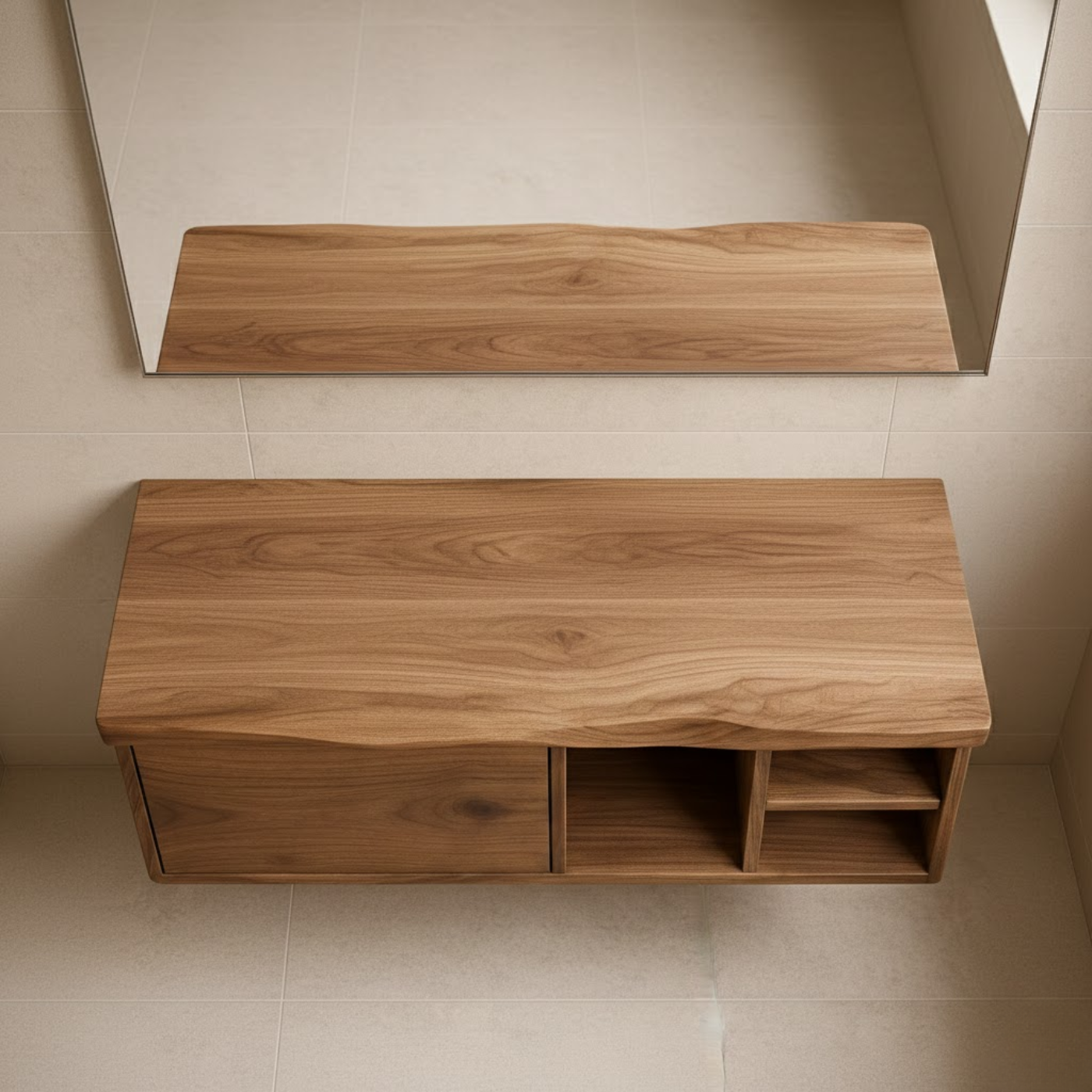 Handcrafted Solid Wood Floating Vanity - Asymmetrical Walnut Console with Hidden & Open Storage Kitchnce