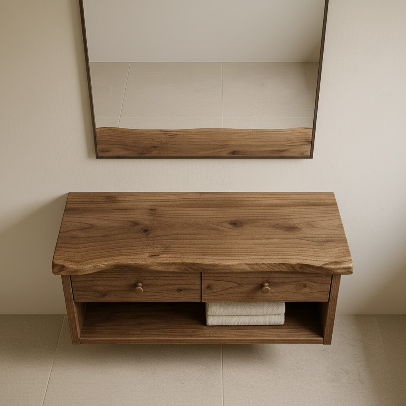 Handcrafted Solid Wood Floating Vanity - Live Edge Walnut Console with 2 Drawers & Open Shelf Kitchnce