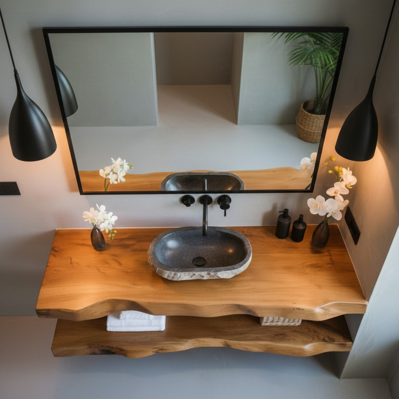 Handcrafted Solid Wood Floating Vanity, Organic Live Edge Vessel Sink Console Kitchnce