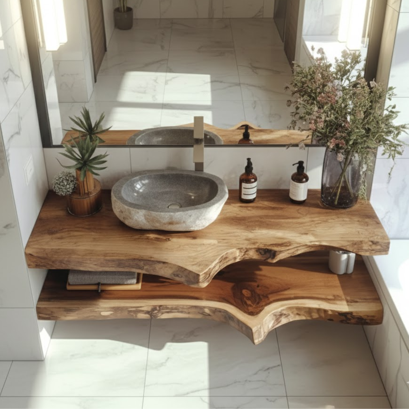 Handcrafted Solid Wood Floating Vanity – Live Edge Two-Tier Console Kitchnce