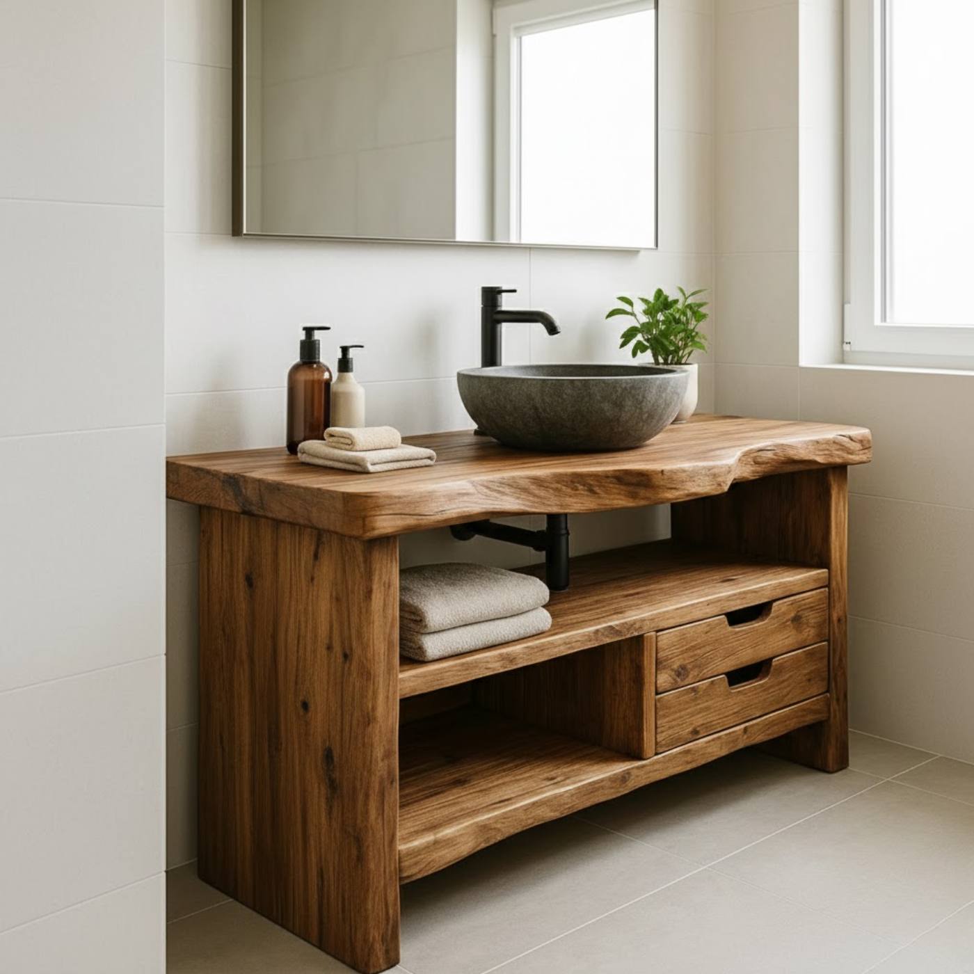 Handcrafted Solid Wood Bathroom Vanity, Rustic Live Edge Console with Storage Kitchnce