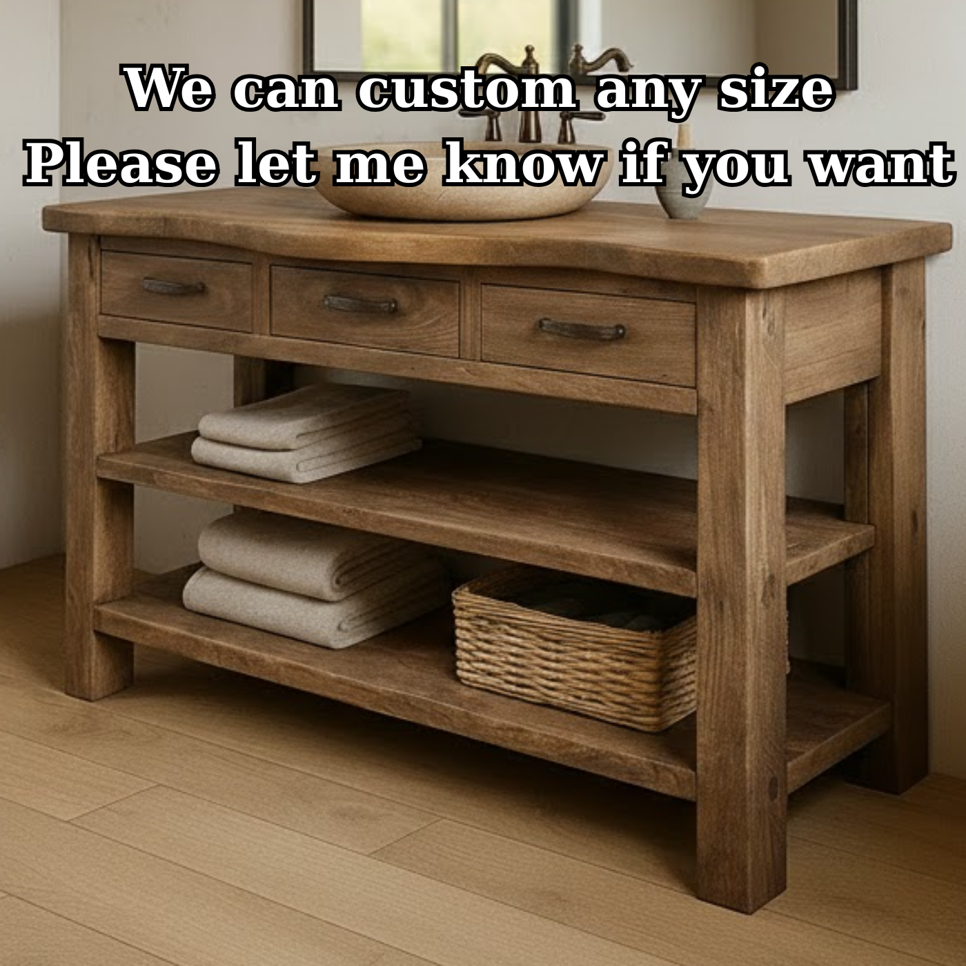 Handcrafted Solid Wood Bathroom Vanity with Curved Live-Edge Top and Triple Storage Drawers Kitchnce
