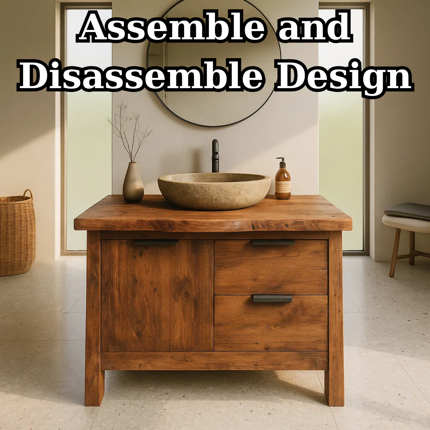 Handcrafted Solid Wood Bathroom Vanity with Live-Edge Top and Modern Drawer Design Kitchnce