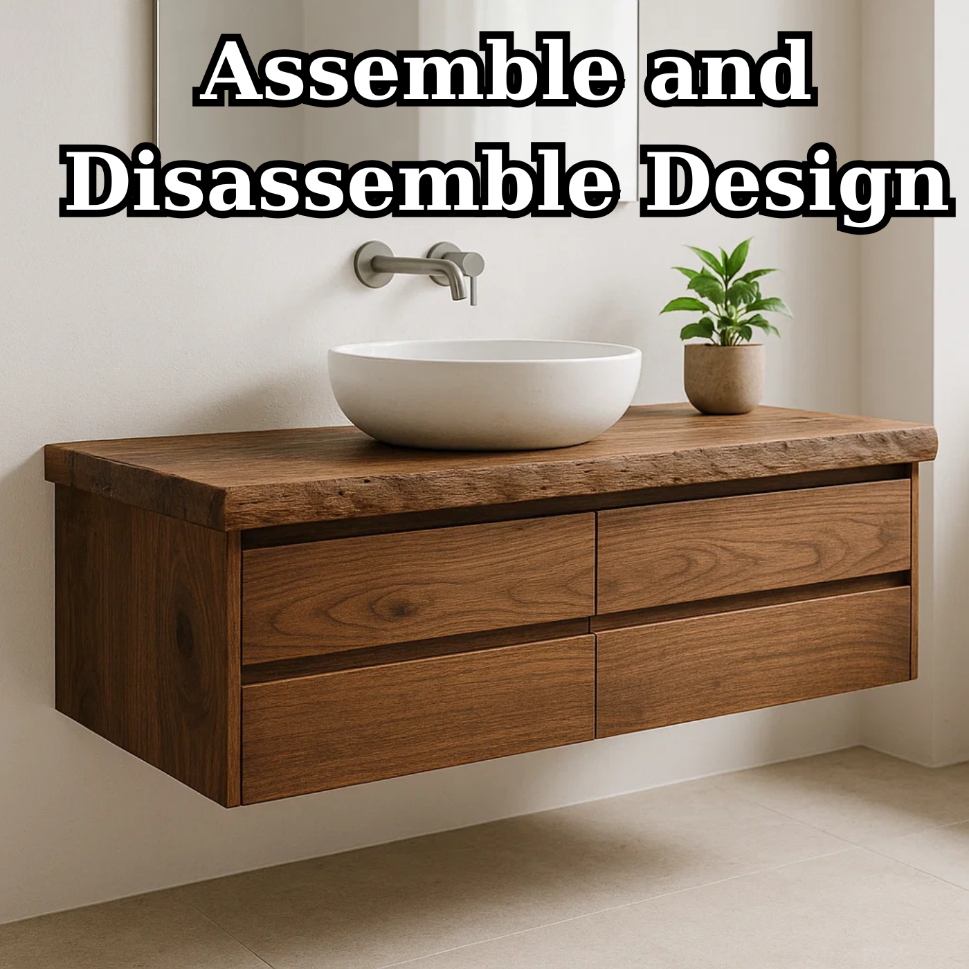 Handcrafted Solid Wood Floating Vanity - Live Edge Walnut Console with Max Storage 4-Drawer Kitchnce