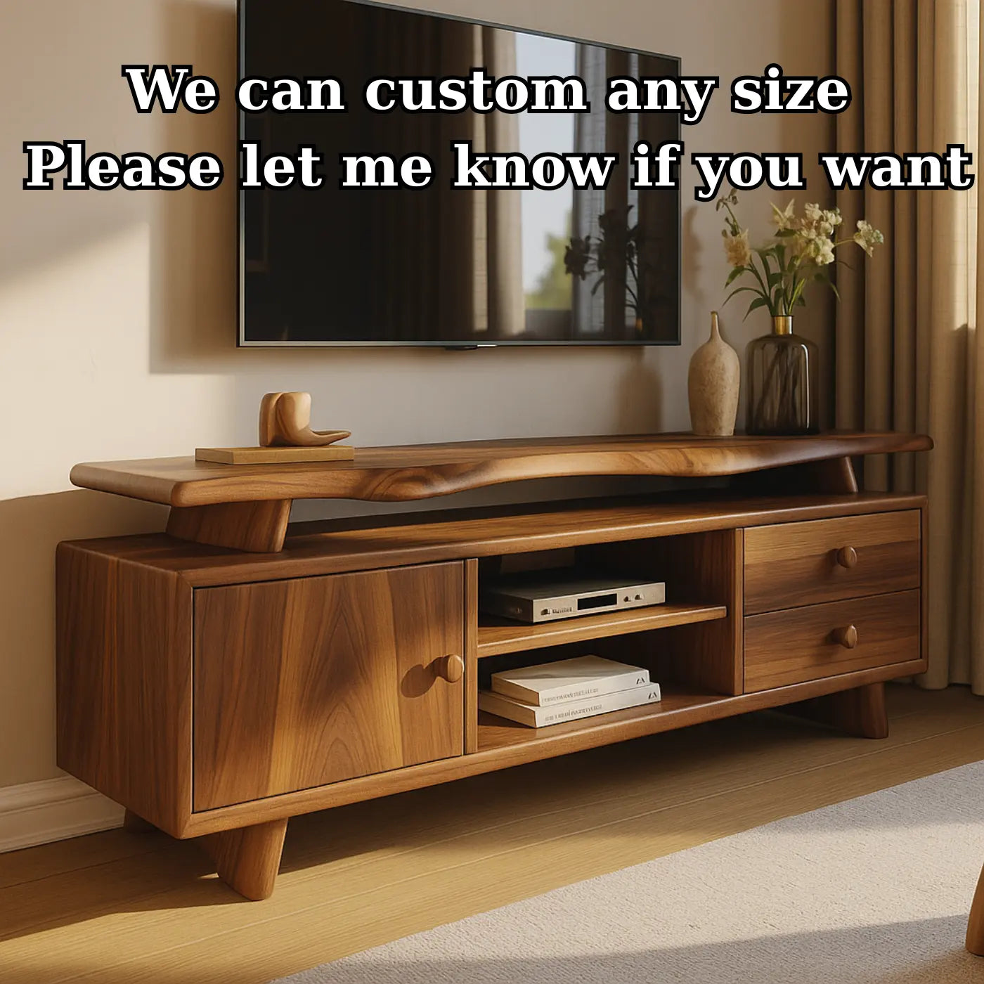 Handcrafted Solid Wood TV Stand - Sculptural Mid-Century Console with Curved Top Kitchnce