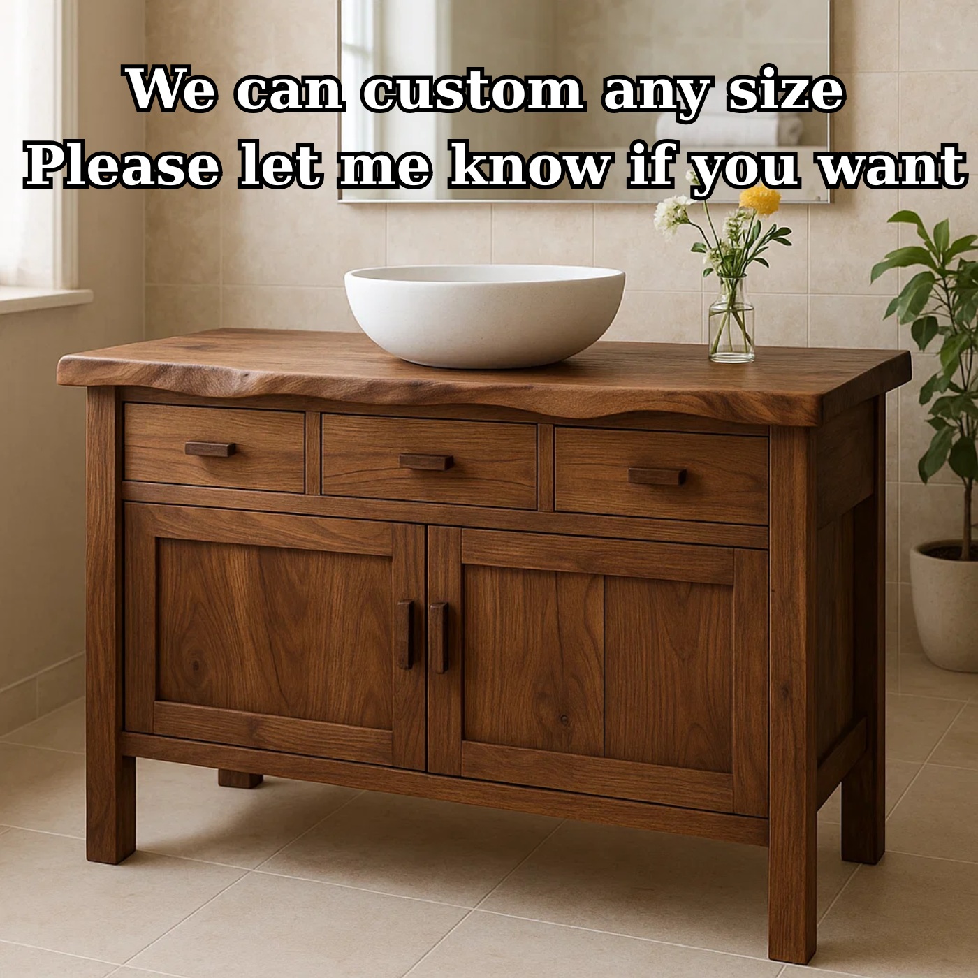 Solid Wood Bathroom Vanity with 3 Drawers and Double Door Cabinet