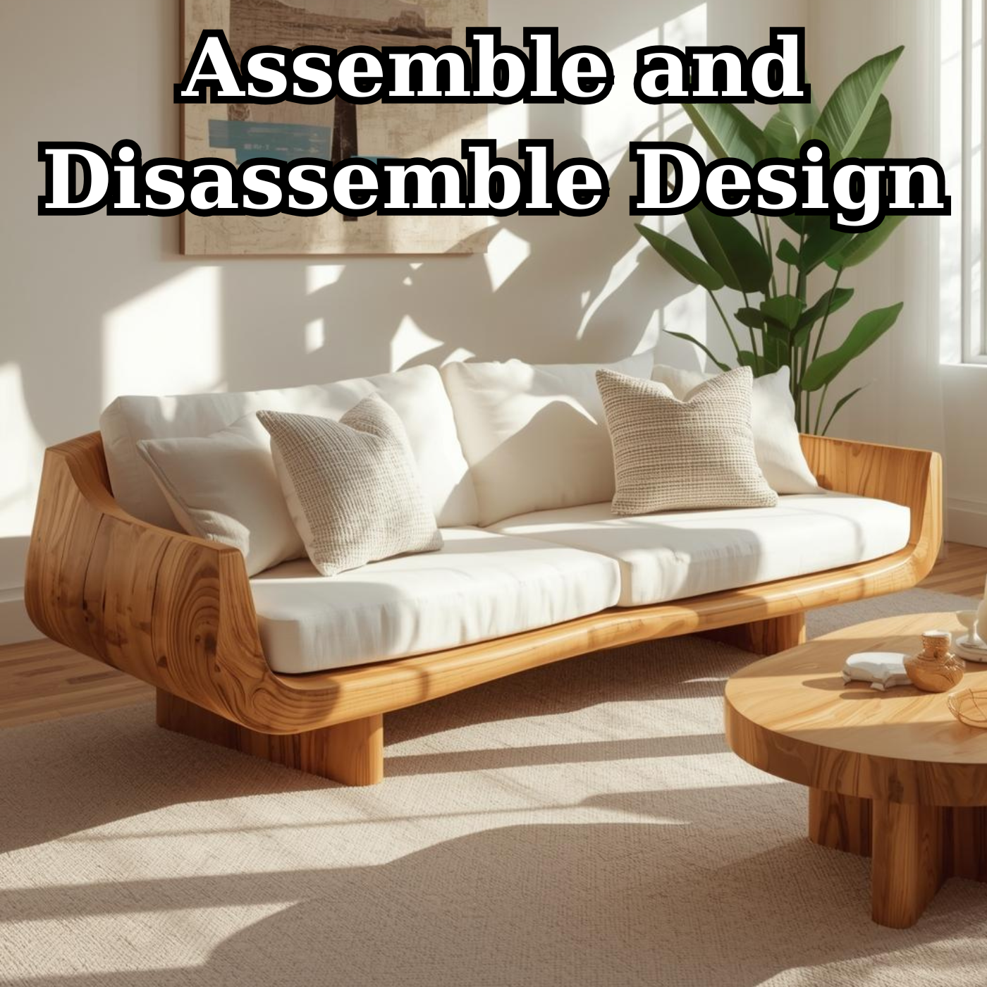Handcrafted Solid Wood Sofa – Modern Curved Frame with Linen Cushions and Natural Finish Kitchnce