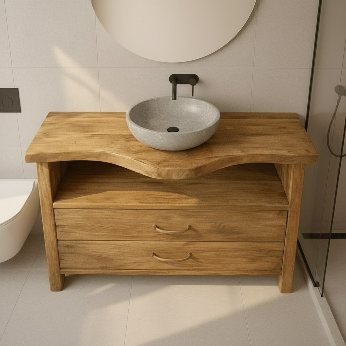 Handcrafted Solid Wood Bathroom Vanity with Live Edge Oak Top and Two Storage Drawers