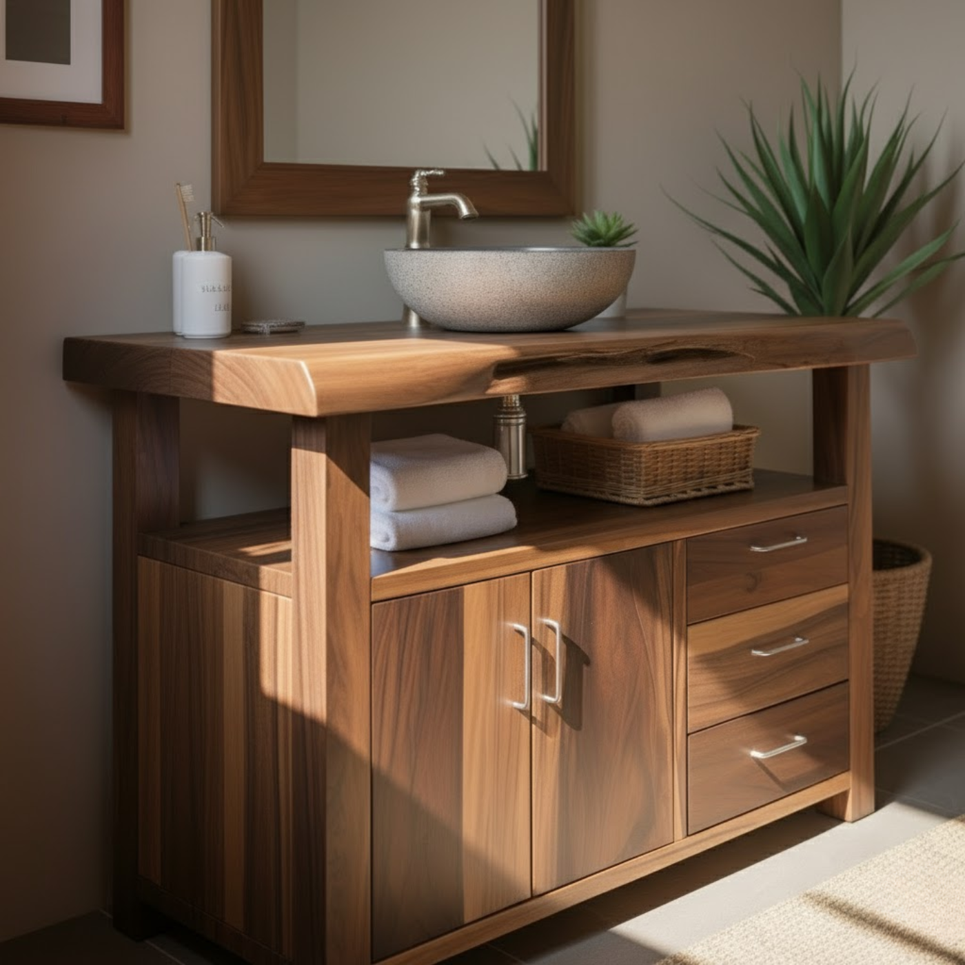 Handcrafted Solid Wood Bathroom Vanity with Live Edge Walnut Top, 3 Drawers and Cabinet