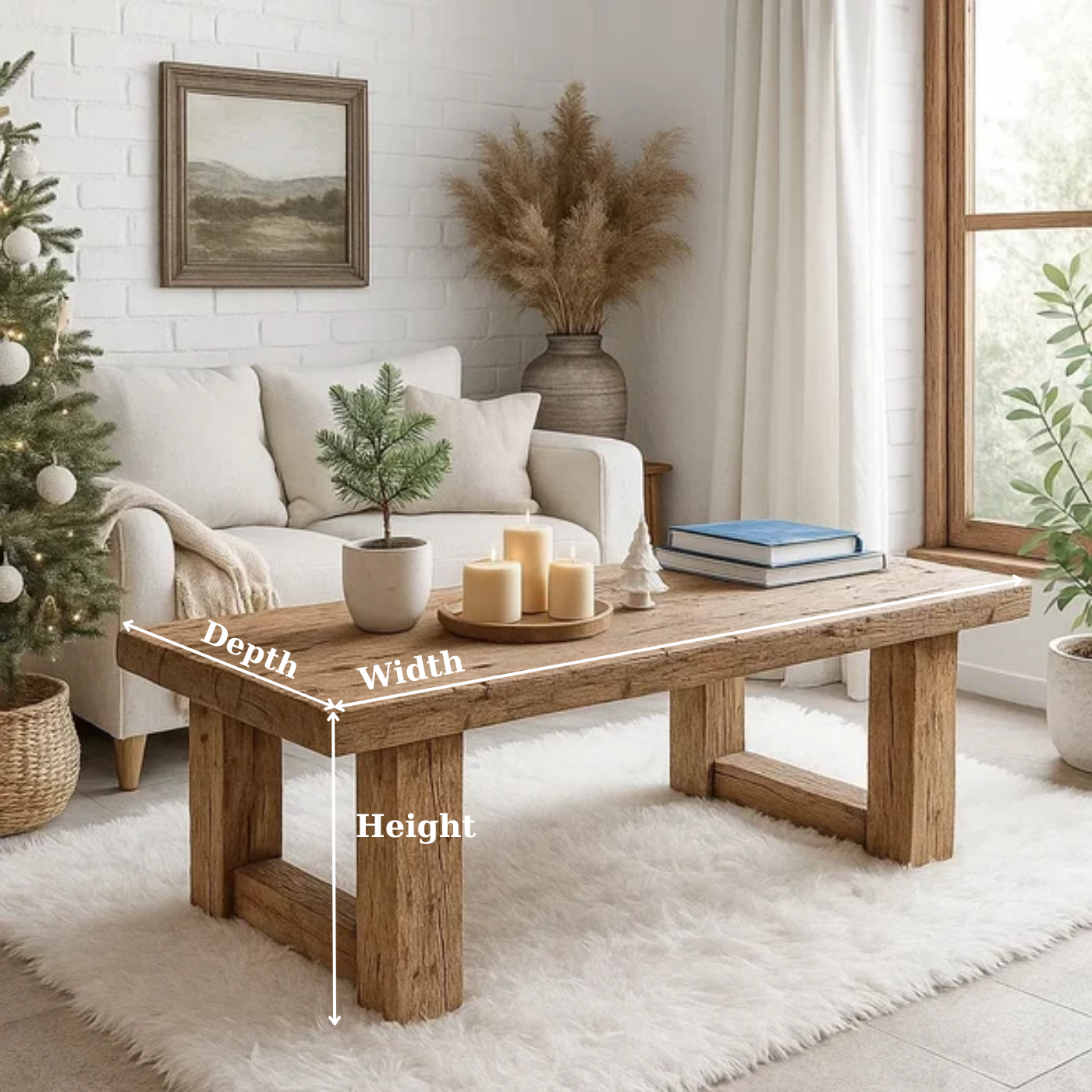 Handcrafted Solid Wood Coffee Table – Rustic Farmhouse Style with Natural Texture Finish Kitchnce