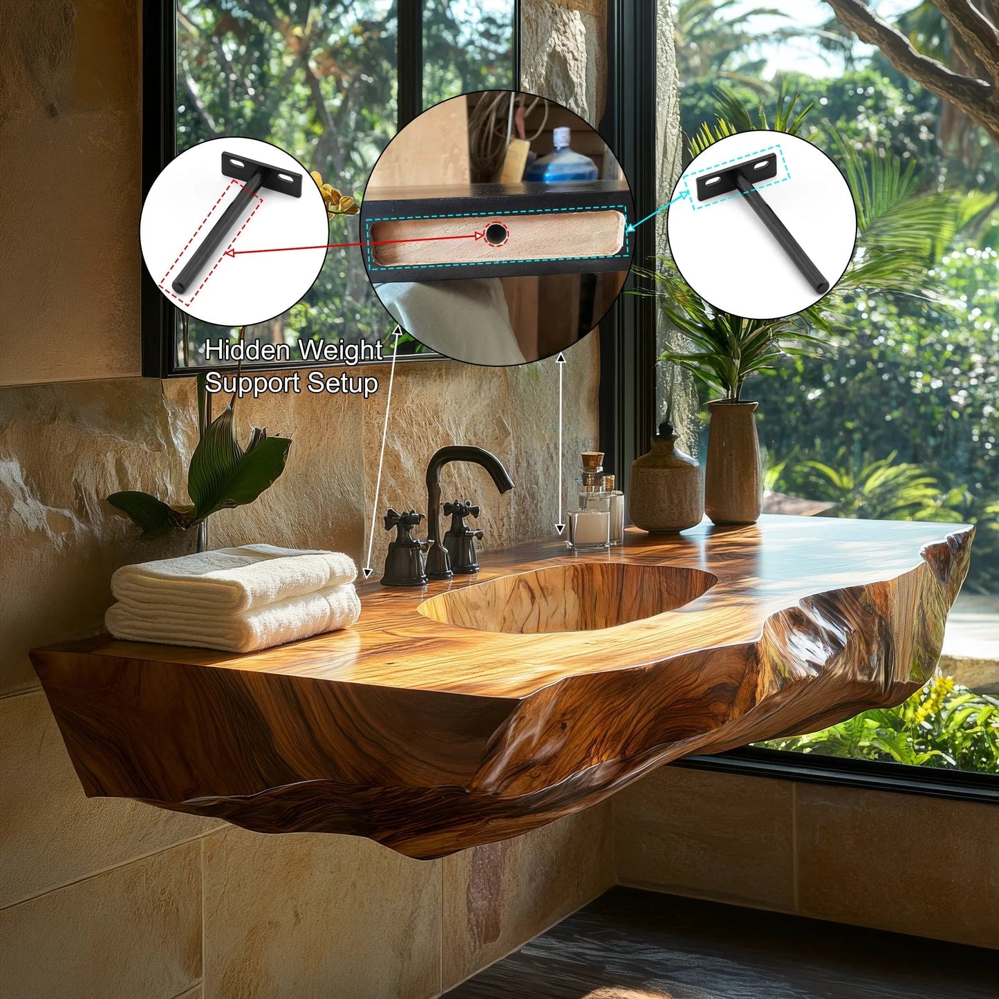 Cavero Sculpted Live Edge Solid Wood Floating Bathroom Vanity with Integrated Sink SPA248842 Kitchnce