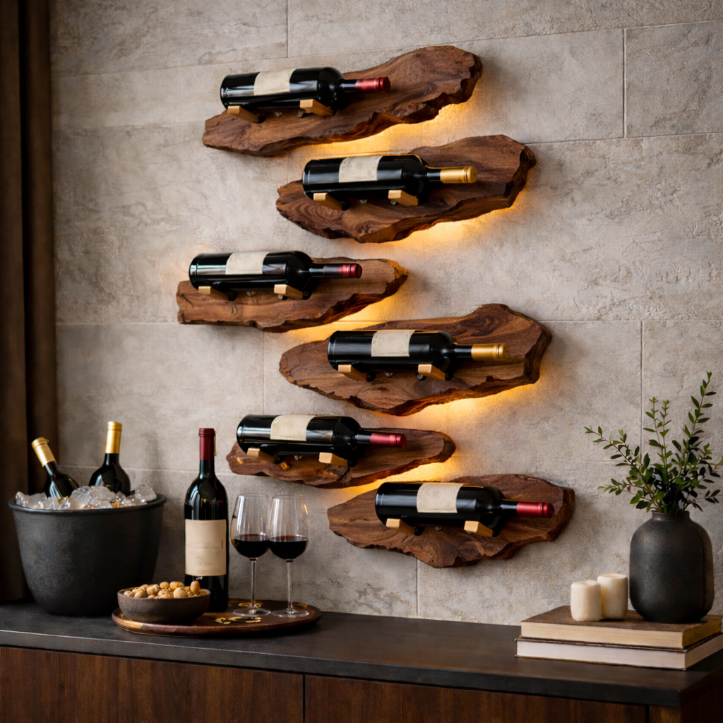 Handcrafted Live Edge Wood Wine Holder – Wall Mounted Solid Wood Wine Rack