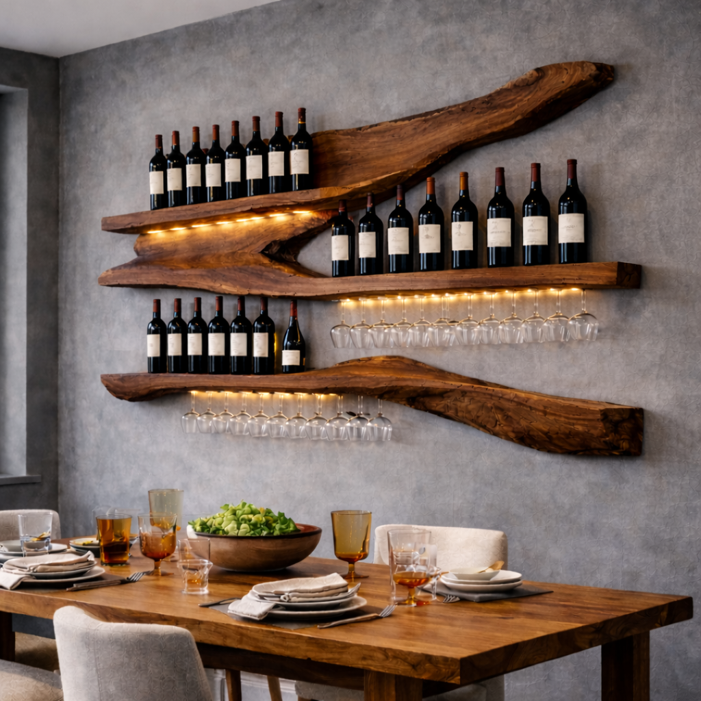 Solid Wood Live Edge Wall Wine Rack with Floating Shelves and Hanging Glass Holder