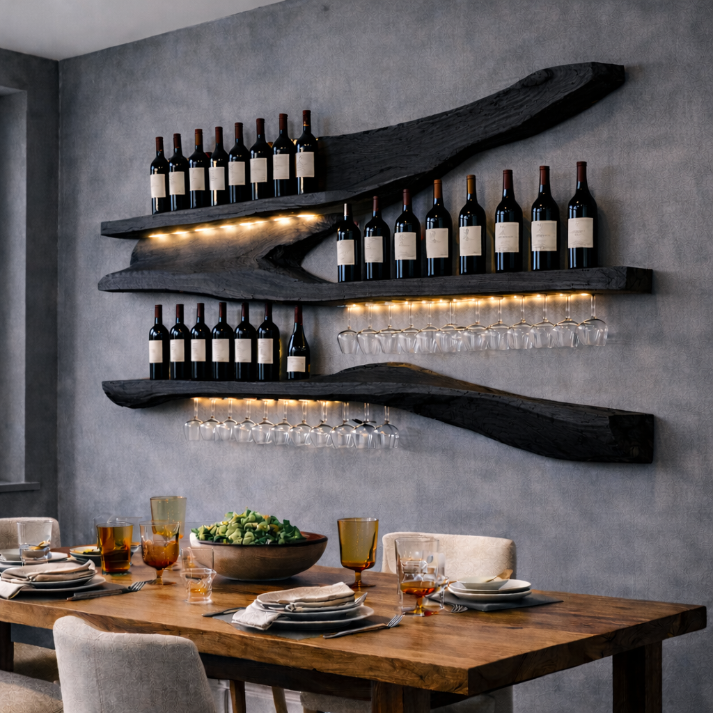 Solid Wood Live Edge Wall Wine Rack with Floating Shelves and Hanging Glass Holder