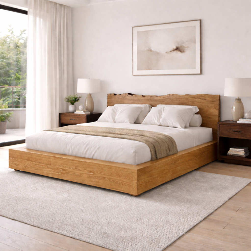 Solid Wood Platform Bed Frame with Live Edge Headboard