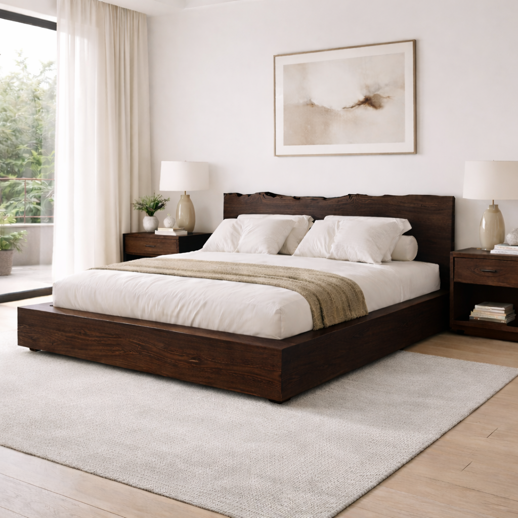 Solid Wood Platform Bed Frame with Live Edge Headboard