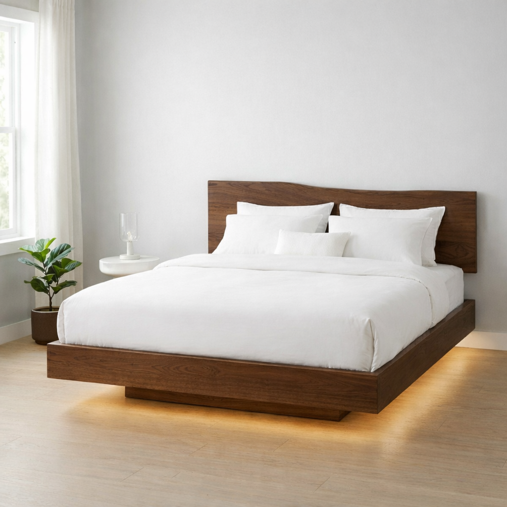 Solid Wood Floating Platform Bed Frame with Modern Low Profile Design