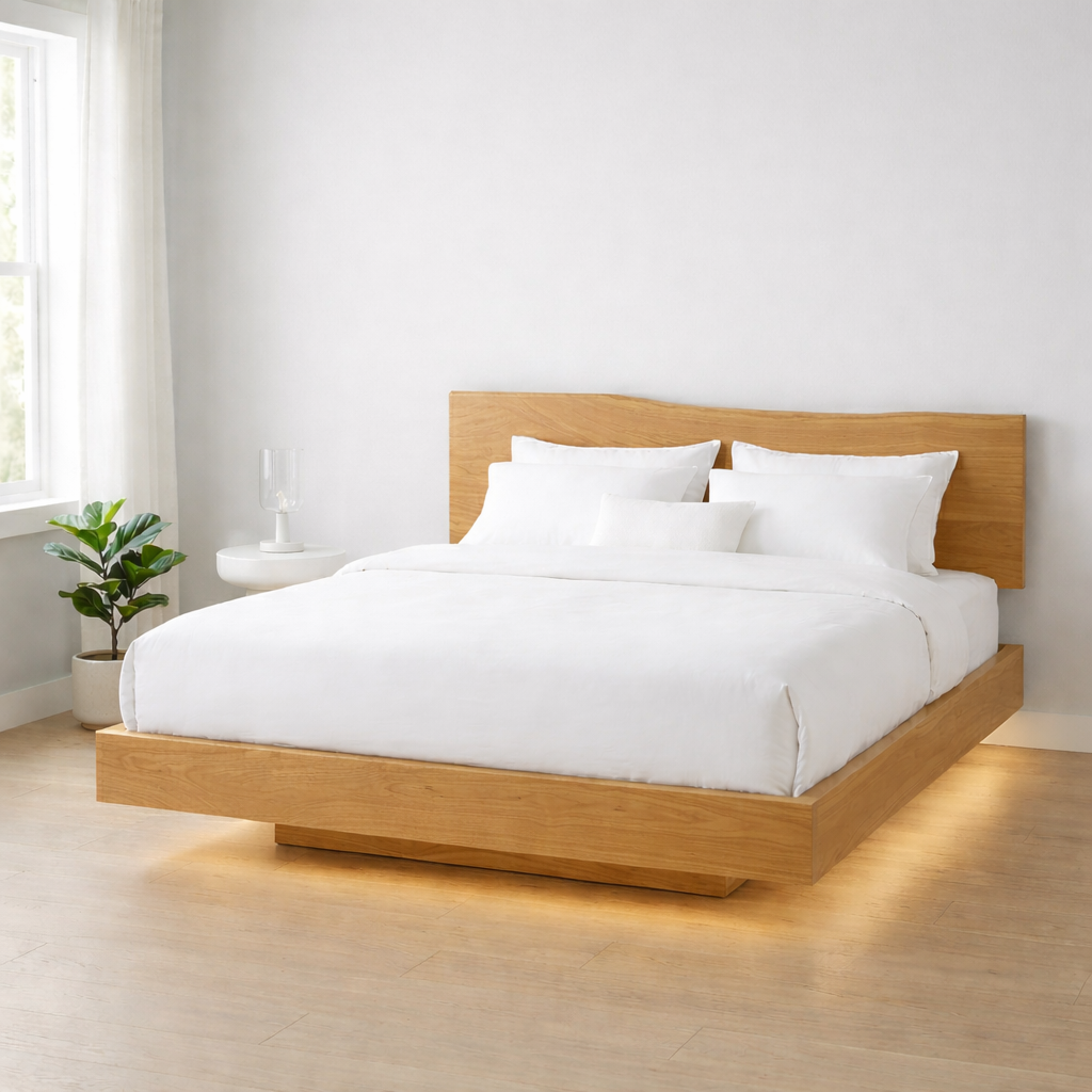 Solid Wood Floating Platform Bed Frame with Modern Low Profile Design