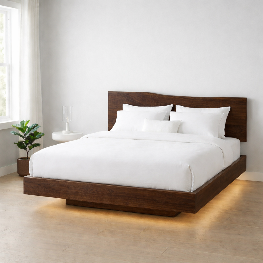 Solid Wood Floating Platform Bed Frame with Modern Low Profile Design