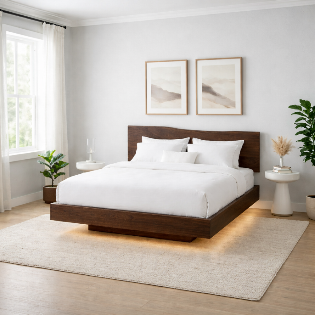 Solid Wood Floating Platform Bed Frame with Modern Low Profile Design
