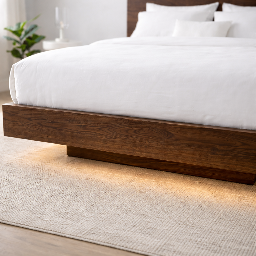 Solid Wood Floating Platform Bed Frame with Modern Low Profile Design