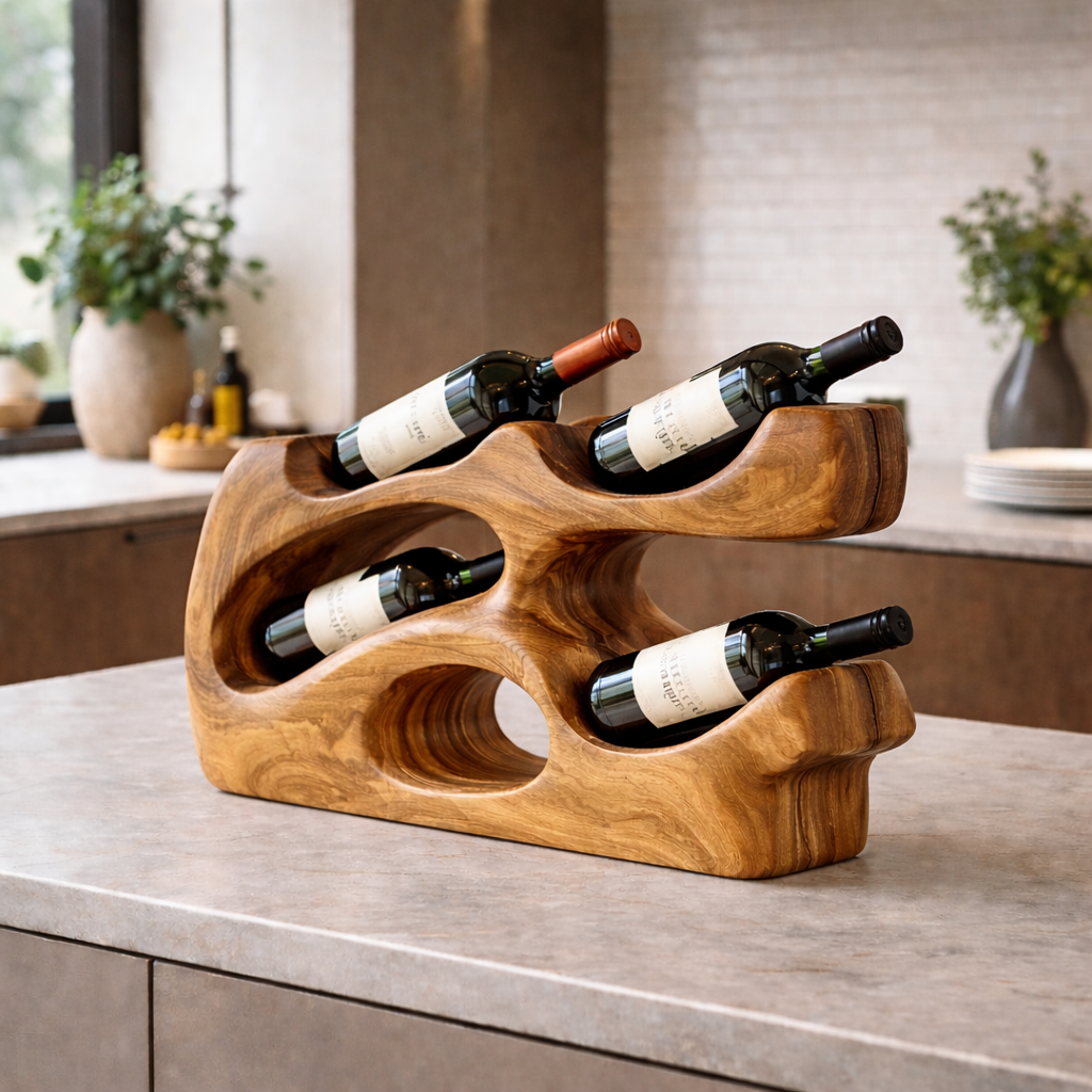 Handcrafted Solid Wood Countertop Wine Holder – Modern Sculptural Wine Rack