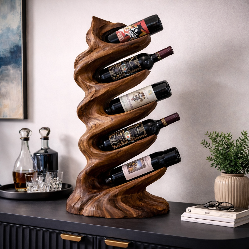 Solid Wood Sculptural Wine Holder with Vertical Wave Design Bottle Display Stand