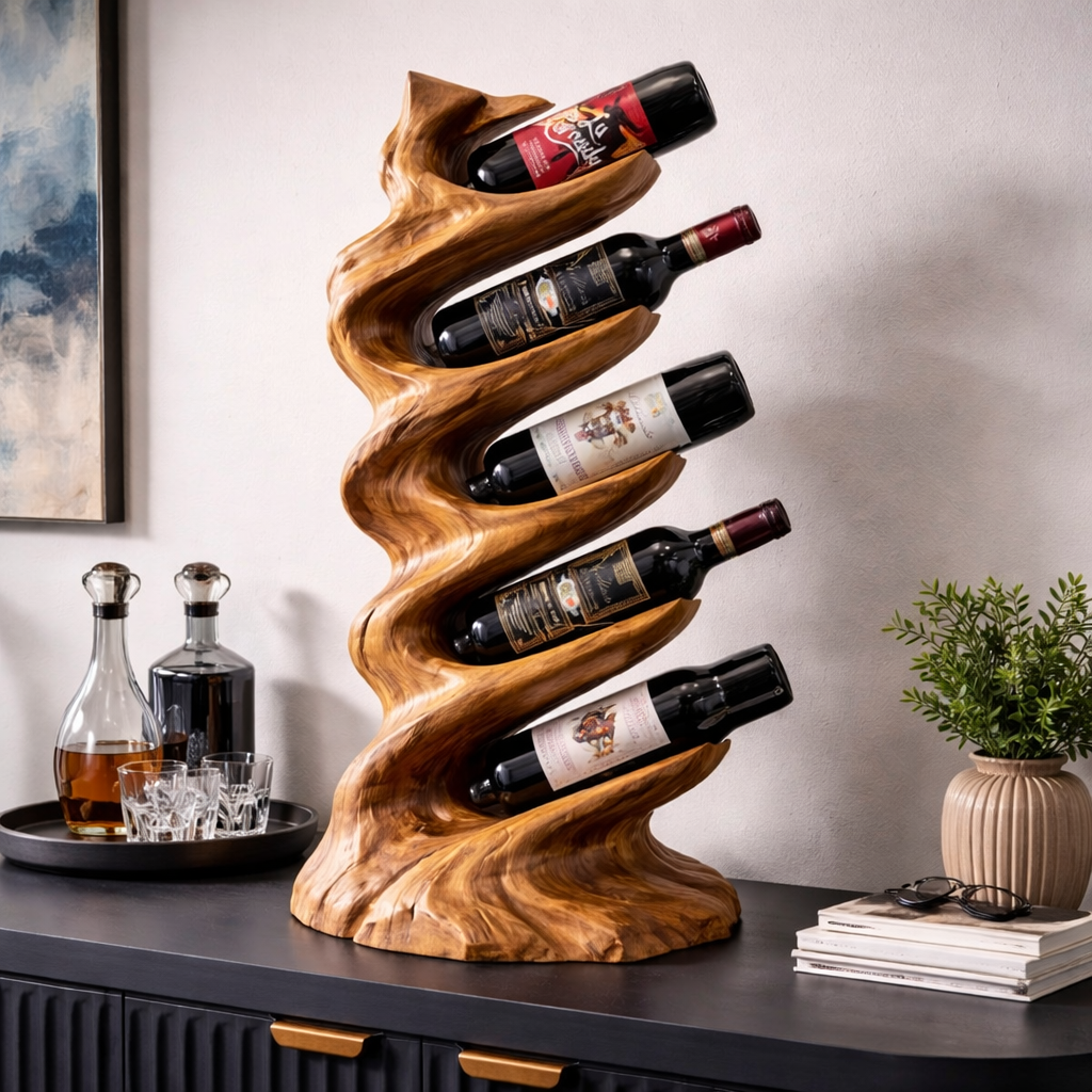 Solid Wood Sculptural Wine Holder with Vertical Wave Design Bottle Display Stand