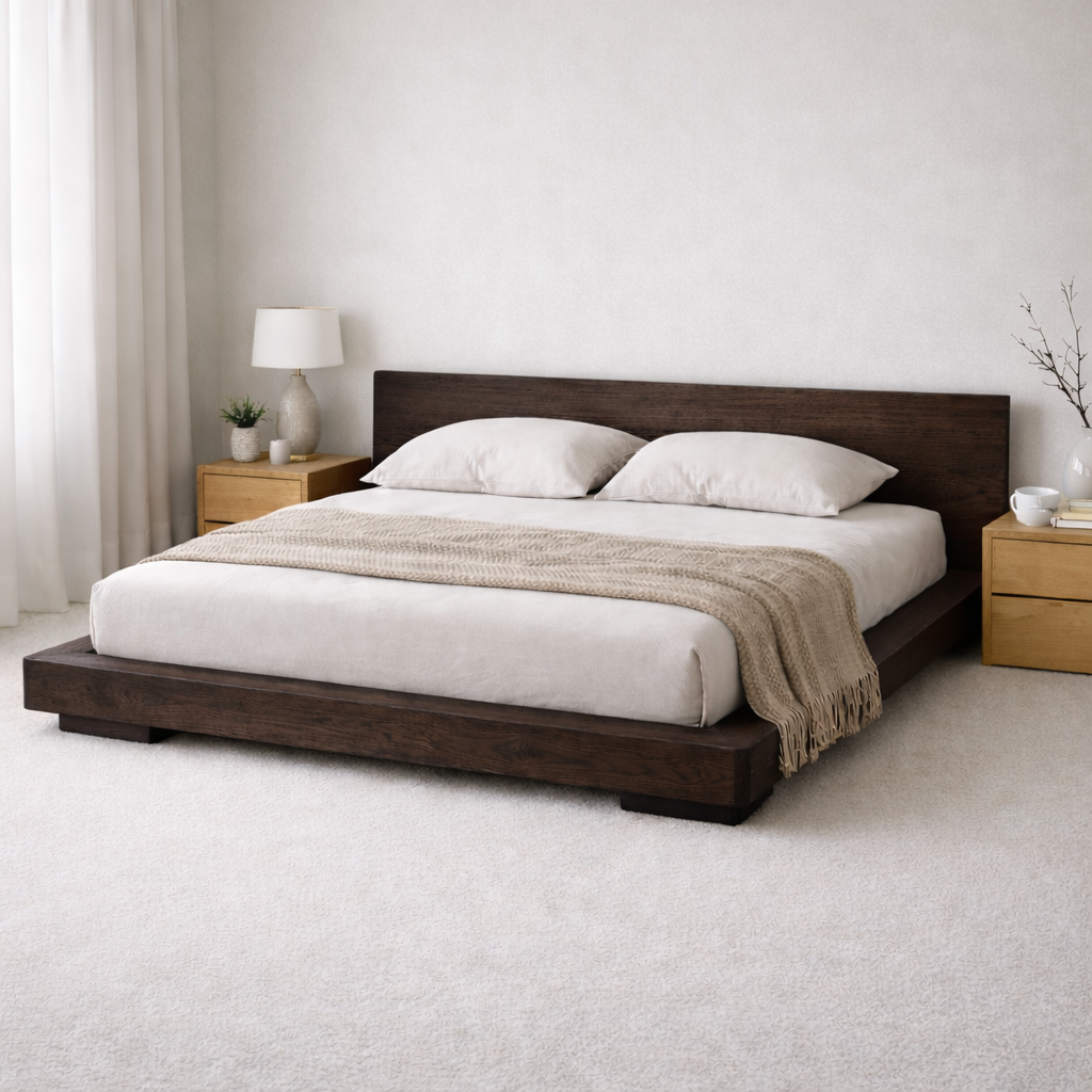 Low Profile Solid Wood Platform Bed Frame with Minimalist Headboard