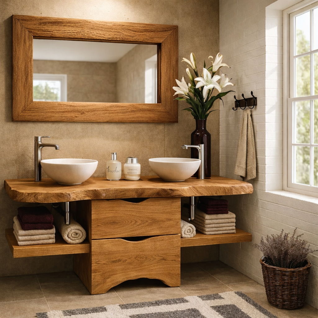 Live Edge Solid Wood Bathroom Vanity with Drawers & Open Shelf