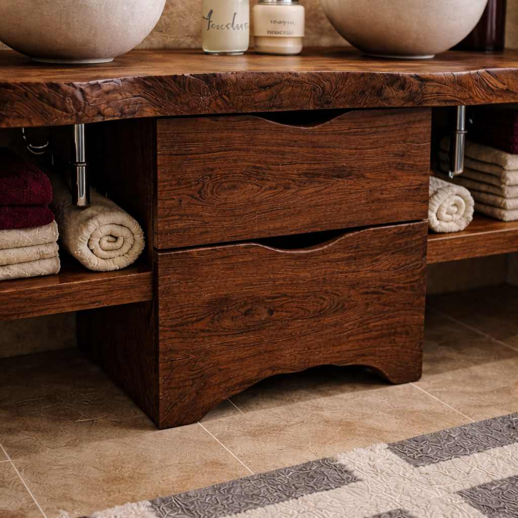 Live Edge Solid Wood Bathroom Vanity with Drawers & Open Shelf