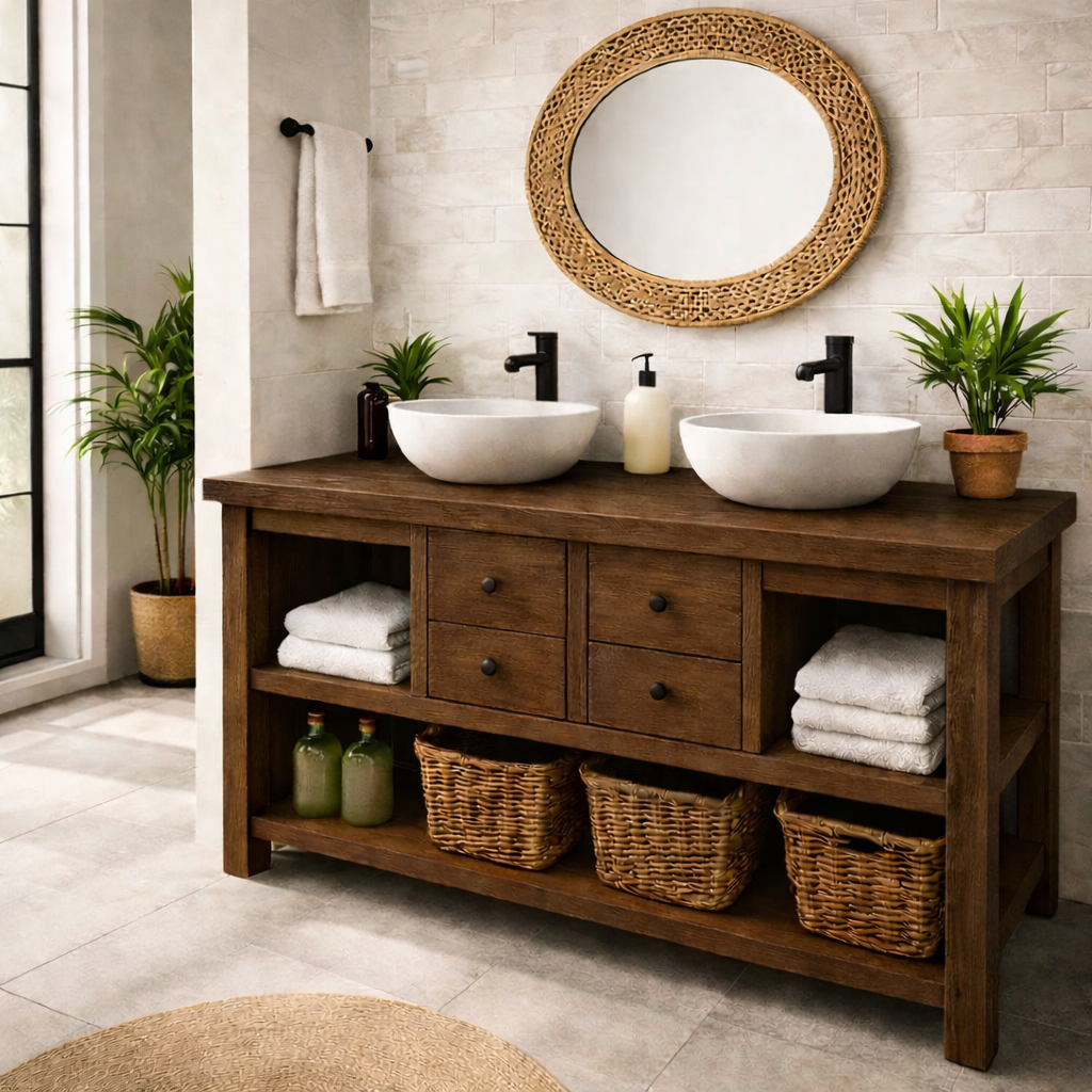 Solid Wood Double Bathroom Vanity with 4 Drawers & Open Shelves