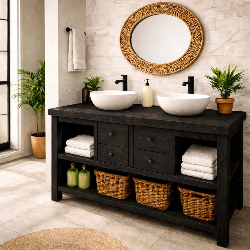 Solid Wood Double Bathroom Vanity with 4 Drawers & Open Shelves