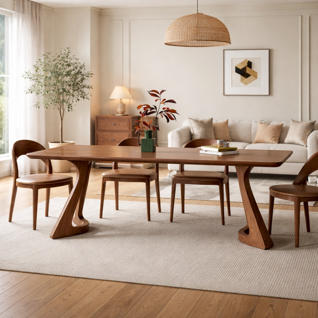 Modern Solid Wood Dining Table with Sculptural Artistic Base