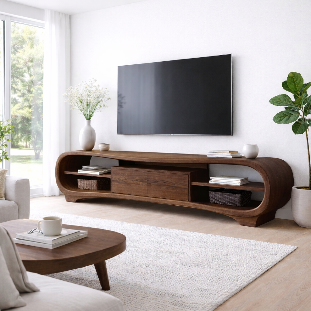 Solid Wood TV Stand with Curved Frame, Open Shelves and Center Drawer Cabinet