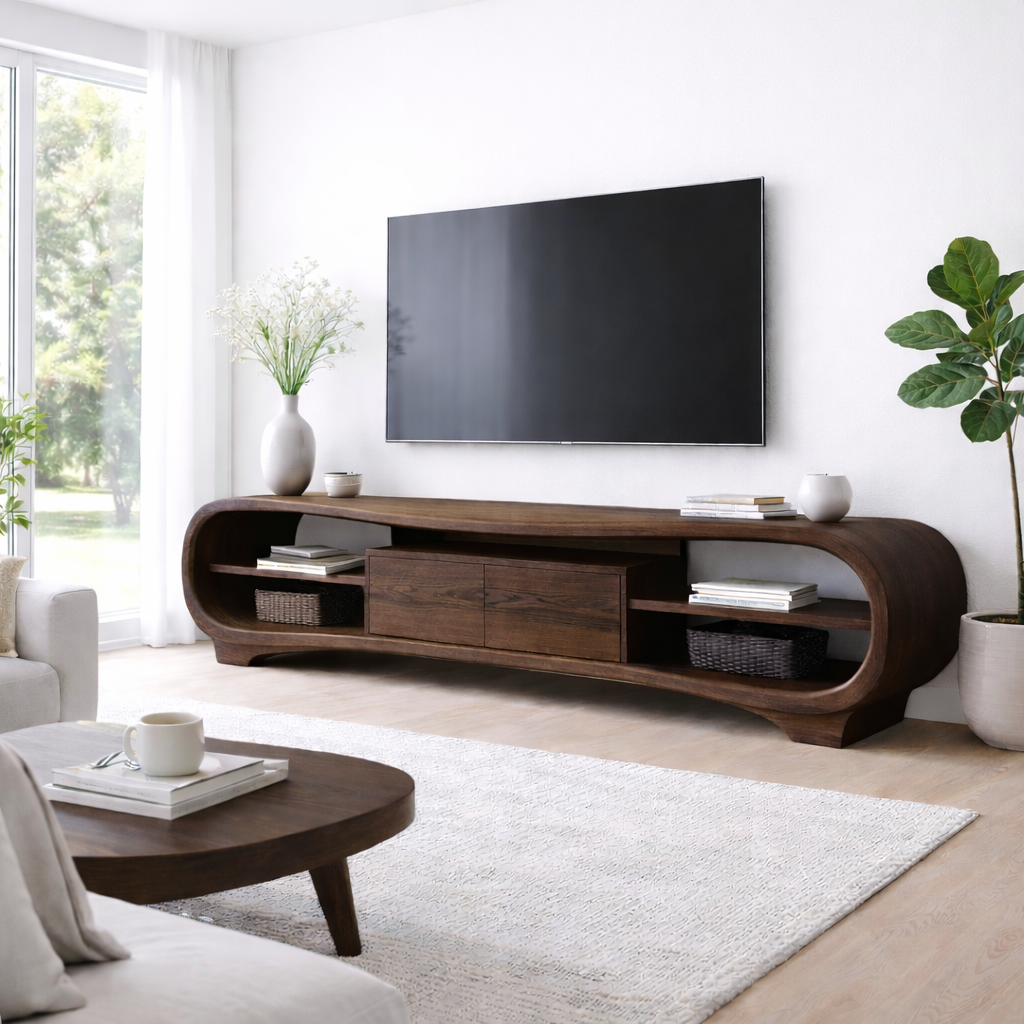 Solid Wood TV Stand with Curved Frame, Open Shelves and Center Drawer Cabinet