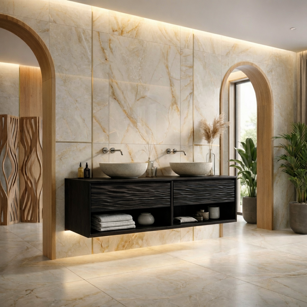 Floating Solid Wood Bathroom Vanity with Wave Front and Open Shelf Storage