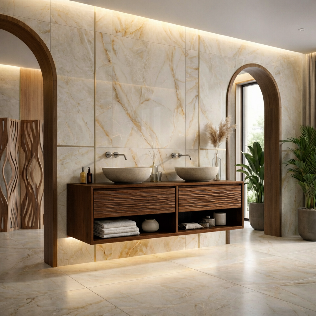 Floating Solid Wood Bathroom Vanity with Wave Front and Open Shelf Storage