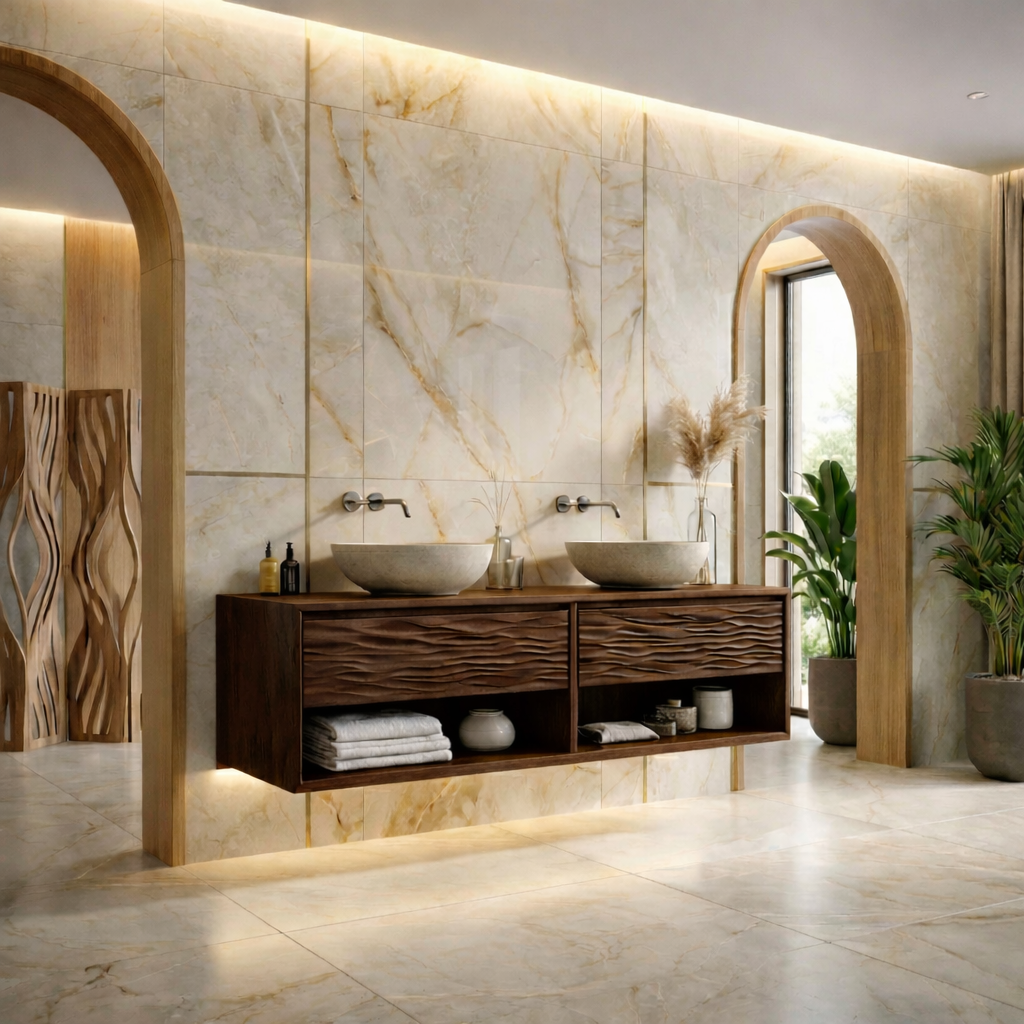 Floating Solid Wood Bathroom Vanity with Wave Front and Open Shelf Storage
