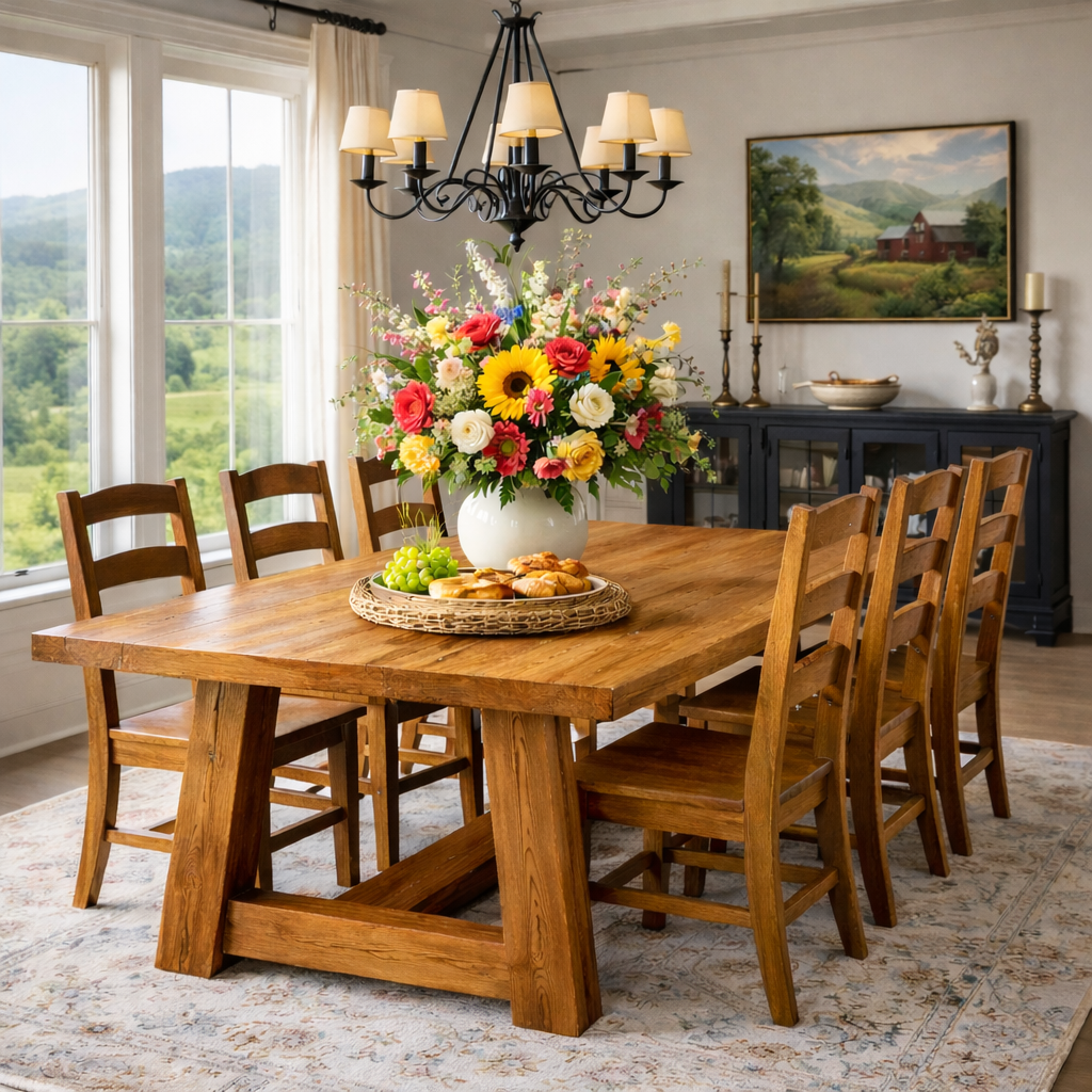 Solid Wood Farmhouse Dining Table with A-Frame Trestle Base