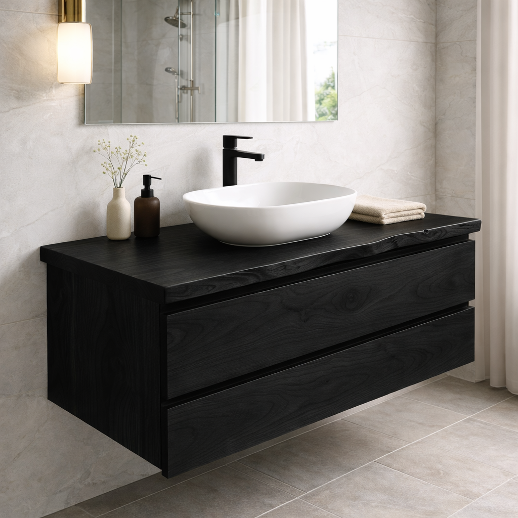 Floating Solid Wood Bathroom Vanity – Wall Mounted Modern Cabinet