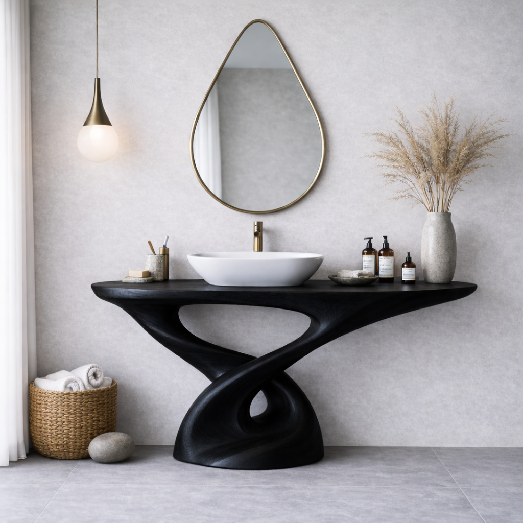 Solid Wood Sculptural Bathroom Vanity – Freestanding Modern Design